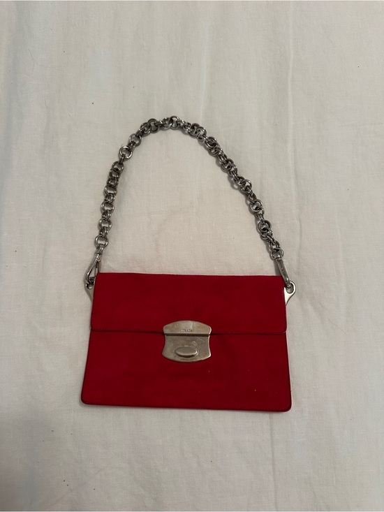 Prada Handbags - Prada Red Suede Mini Shoulder Bag with Silver Chain